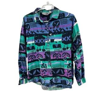 Krazy Kat 80s abstract art to wear long sleeve button up cotton casual vintage L